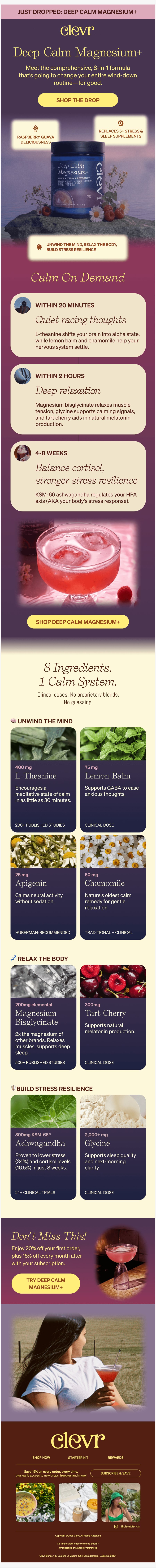 Clevr Blends Deep Calm Magnesium launch email designed by Banyan Agency
